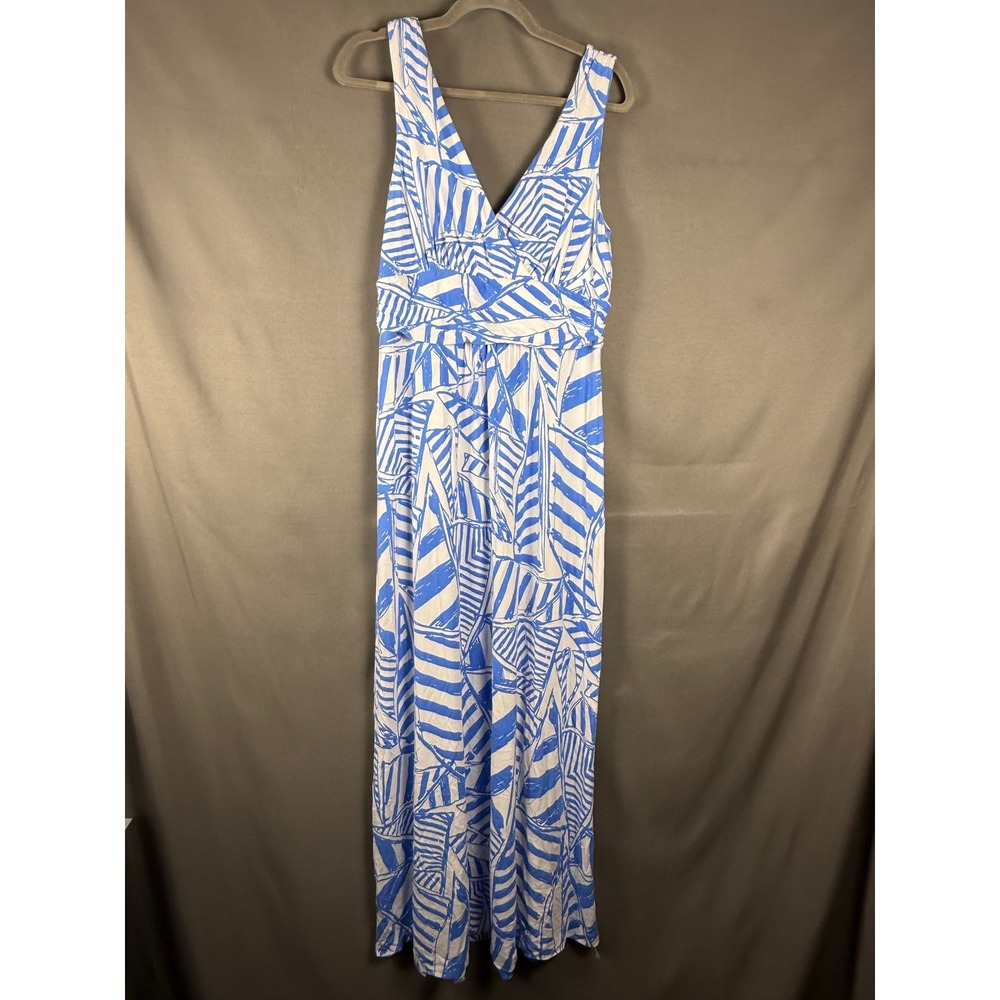Lilly Pulitzer Maxi Dress Women XL Blue White Abstract V-Neck Empire Waist